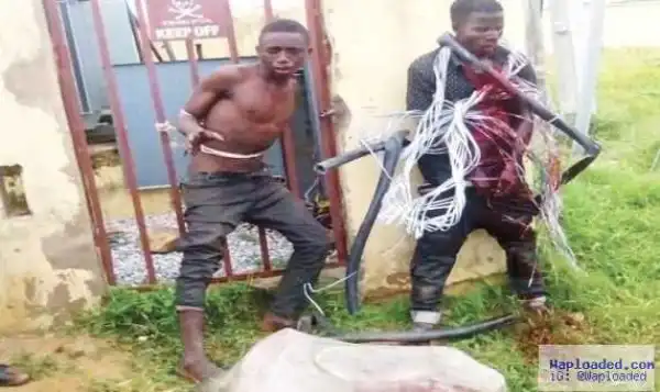 2 suspected cable thieves caught and tied to a transformer fence in Gwagwalada, Abuja